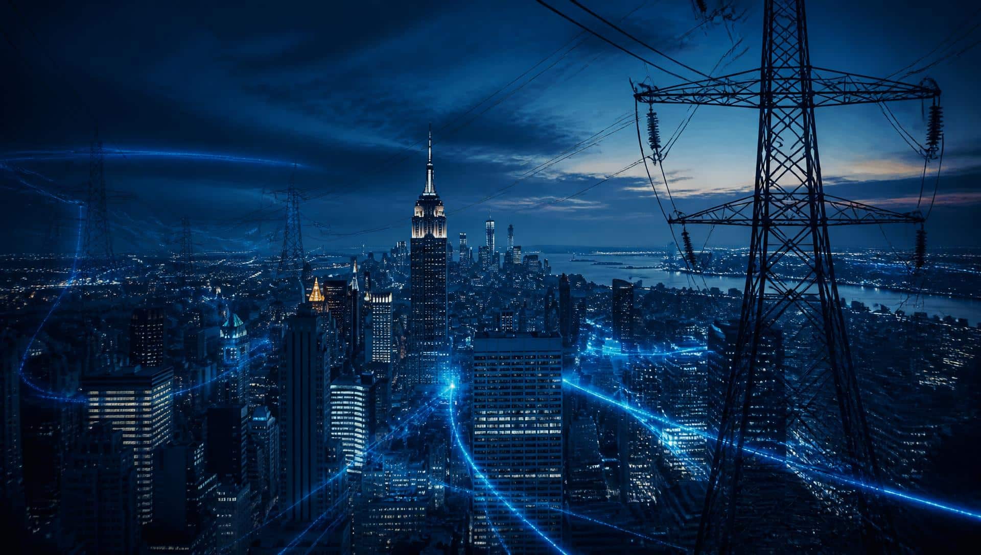 Manhattan skyline at dusk overlaid with power transmission lines